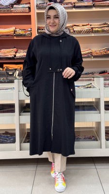 Puane - Kapşonlu Fermuarlı Çıt Çıt Detaylı Kap Siyah/15254