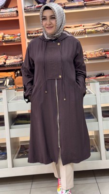 Kapşonlu Fermuarlı Çıt Çıt Detaylı Kap Kahve/15254 - Thumbnail