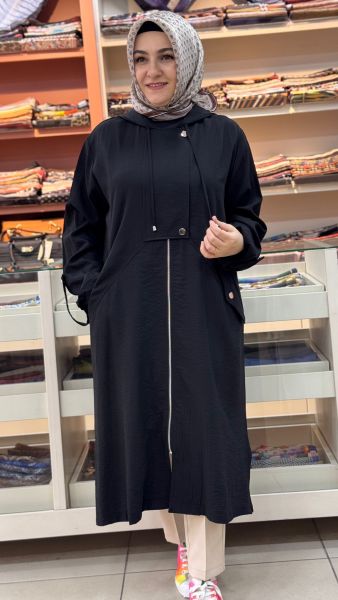 Kapşonlu Fermuarlı Çıt Çıt Detaylı Kap Siyah/15254