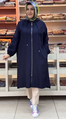 Puane - Kapşonlu İp Detaylı Kap Lacivert/15267