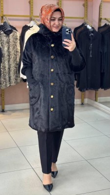 Kapşonlu Kolları Ribana Detaylı Kap Siyah/6195 - Thumbnail