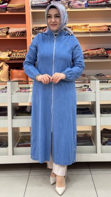 Selam - Kapşonu Desenli Fermuarlı Tensel Kot Kap Mavi/2622