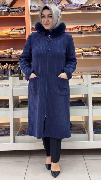 Kapşonu Kürklü Kap Lacivert/9257