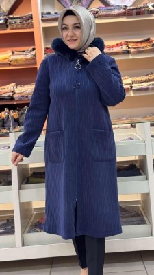 Kapşonu Kürklü Kap Lacivert/9257 - Thumbnail