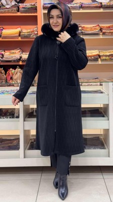 Kapşonu Kürklü Kap Siyah/9257 - Thumbnail