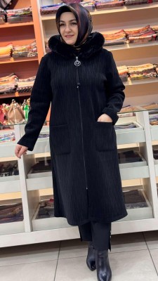 Kapşonu Kürklü Kap Siyah/9257 - Thumbnail