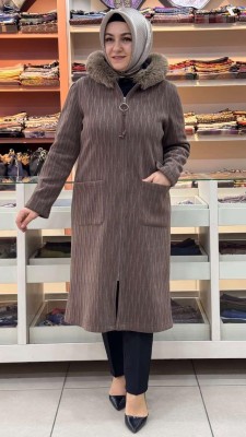 Kapşonu Kürklü Kap Kahverengi/9257 - Thumbnail