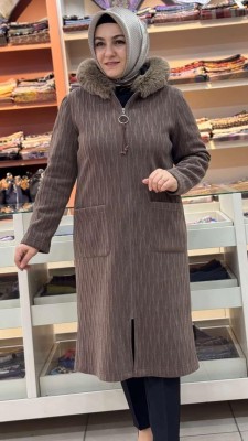 Kapşonu Kürklü Kap Kahverengi/9257 - Thumbnail