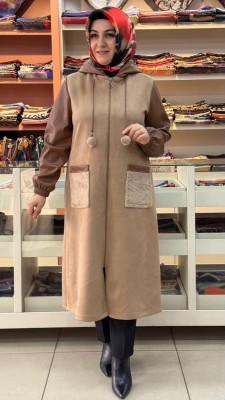 Berelance - Kapşonu Ve Cebi Kürklü Deri Detaylı Süet Kap Camel/6121