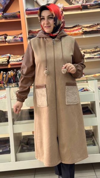 Kapşonu Ve Cebi Kürklü Deri Detaylı Süet Kap Camel/6121