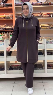 inza moda - Kapşonu Zincir Detaylı Takım Acı Kahve/1282