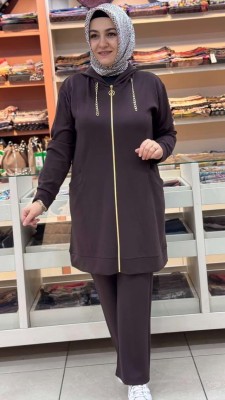 Kapşonu Zincir Detaylı Takım Acı Kahve/1282 - Thumbnail