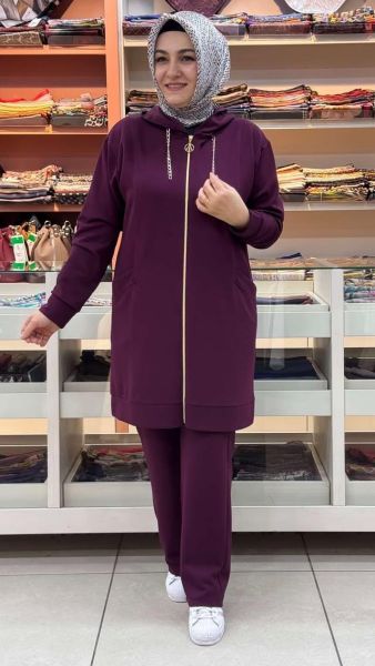 Kapşonu Zincir Detaylı Takım Bordo/1282