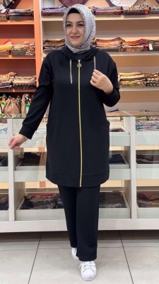 inza moda - Kapşonu Zincir Detaylı Takım Siyah/1282