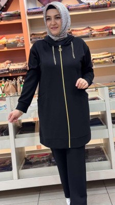 Kapşonu Zincir Detaylı Takım Siyah/1282 - Thumbnail