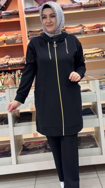 Kapşonu Zincir Detaylı Takım Siyah/1282
