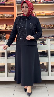 Kare Desen İşlemeli Etekli Takım Siyah/6224 - Thumbnail