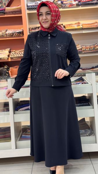 Kare Desen İşlemeli Etekli Takım Siyah/6224