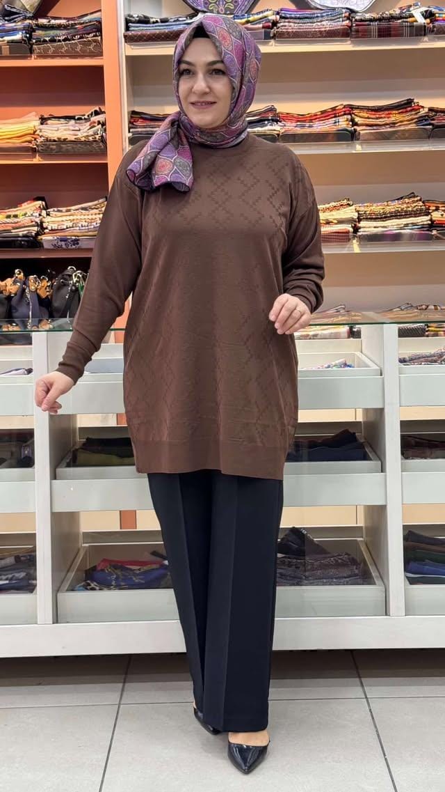 inza moda - Kare Desen Triko Tunik Kahve/1870