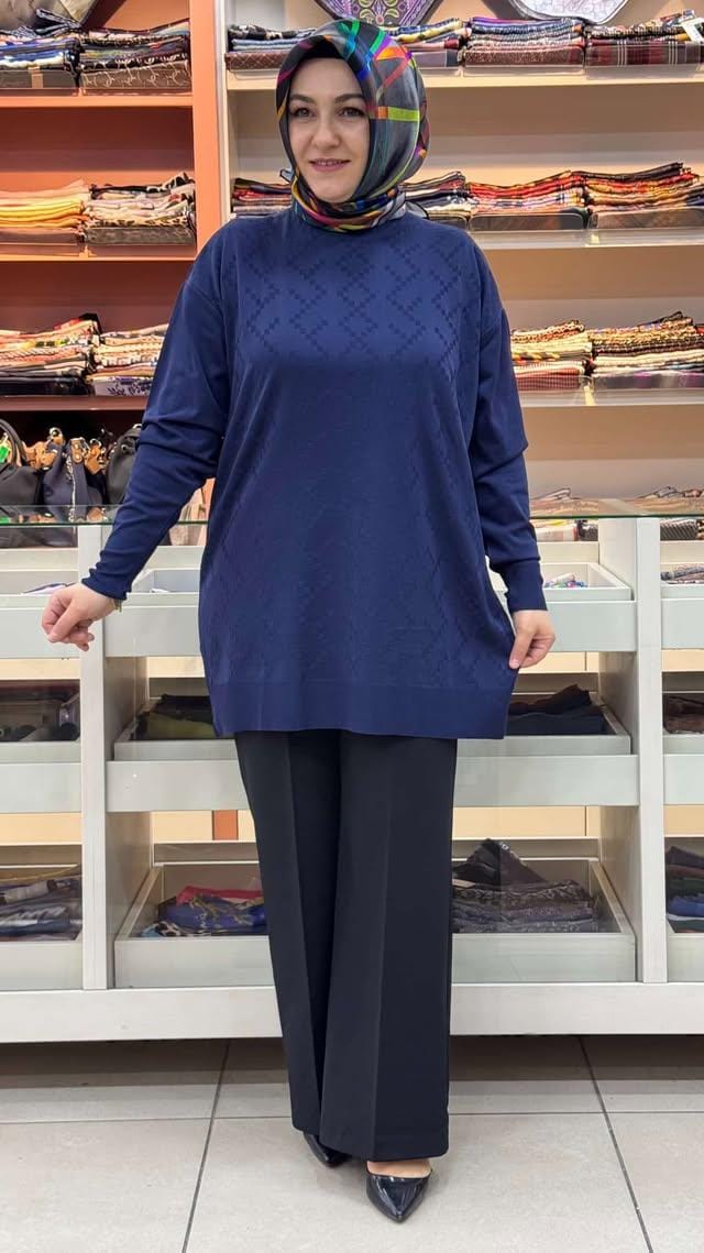 inza moda - Kare Desen Triko Tunik Lacivert/1870