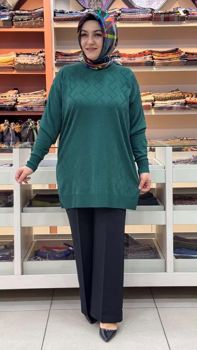 inza moda - Kare Desen Triko Tunik Zümrüt/1870