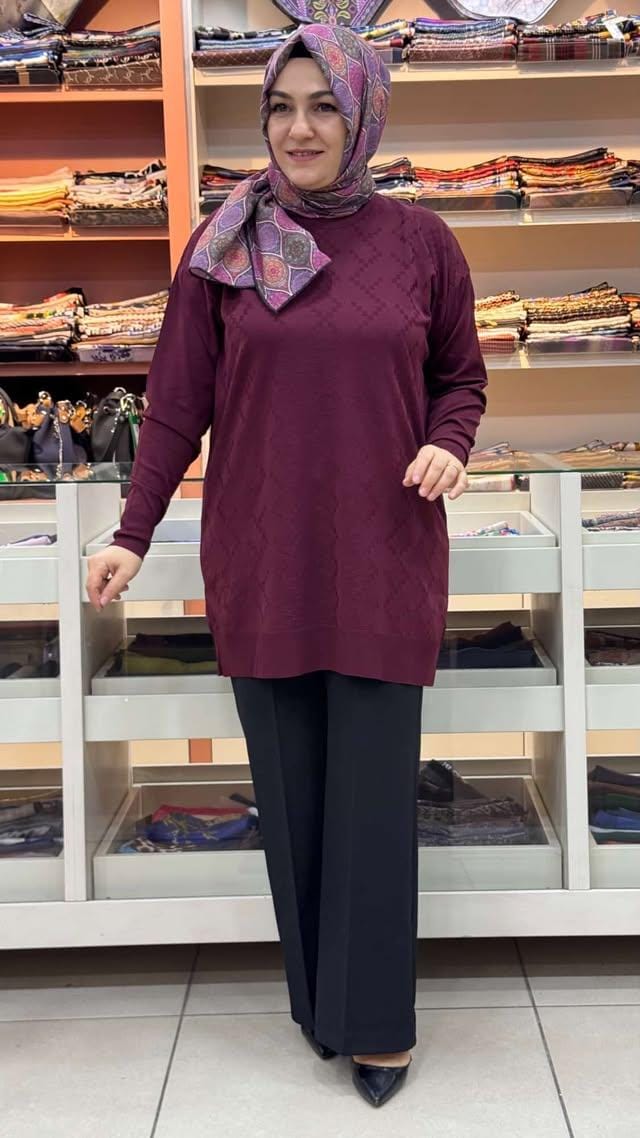 inza moda - Kare Desen Triko Tunik Bordo/1870