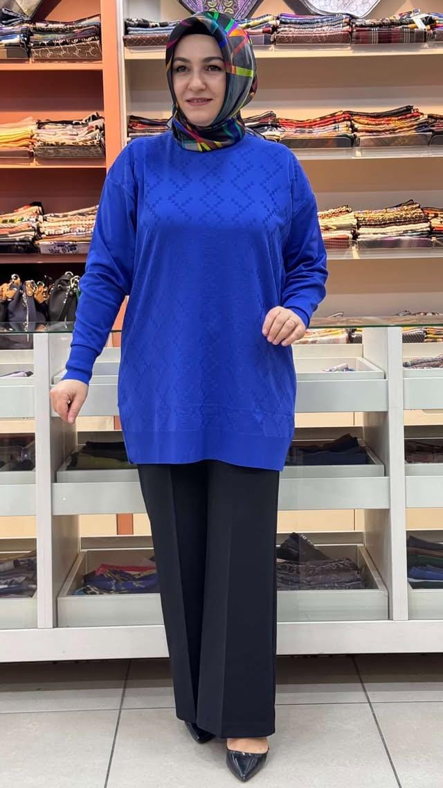 inza moda - Kare Desen Triko Tunik Saks/1870