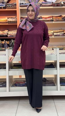 Kare Desen Triko Tunik Bordo/1870 - Thumbnail