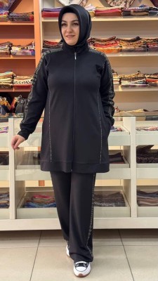 HIRQA - Kazayağı Desen Sim Detaylı Takım Siyah/3585