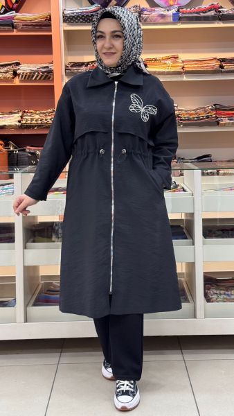 Kelebek Taş Detaylı Beli Büzgülü Kap Siyah/15257