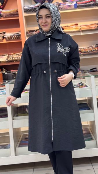 Kelebek Taş Detaylı Beli Büzgülü Kap Siyah/15257