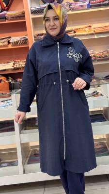 Kelebek Taş Detaylı Beli Büzgülü Kap Lacivert/15257 - Thumbnail