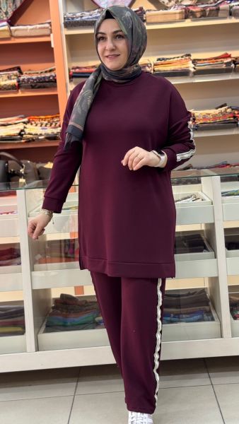 Kenarları Taş Detaylı Takım Bordo/1885