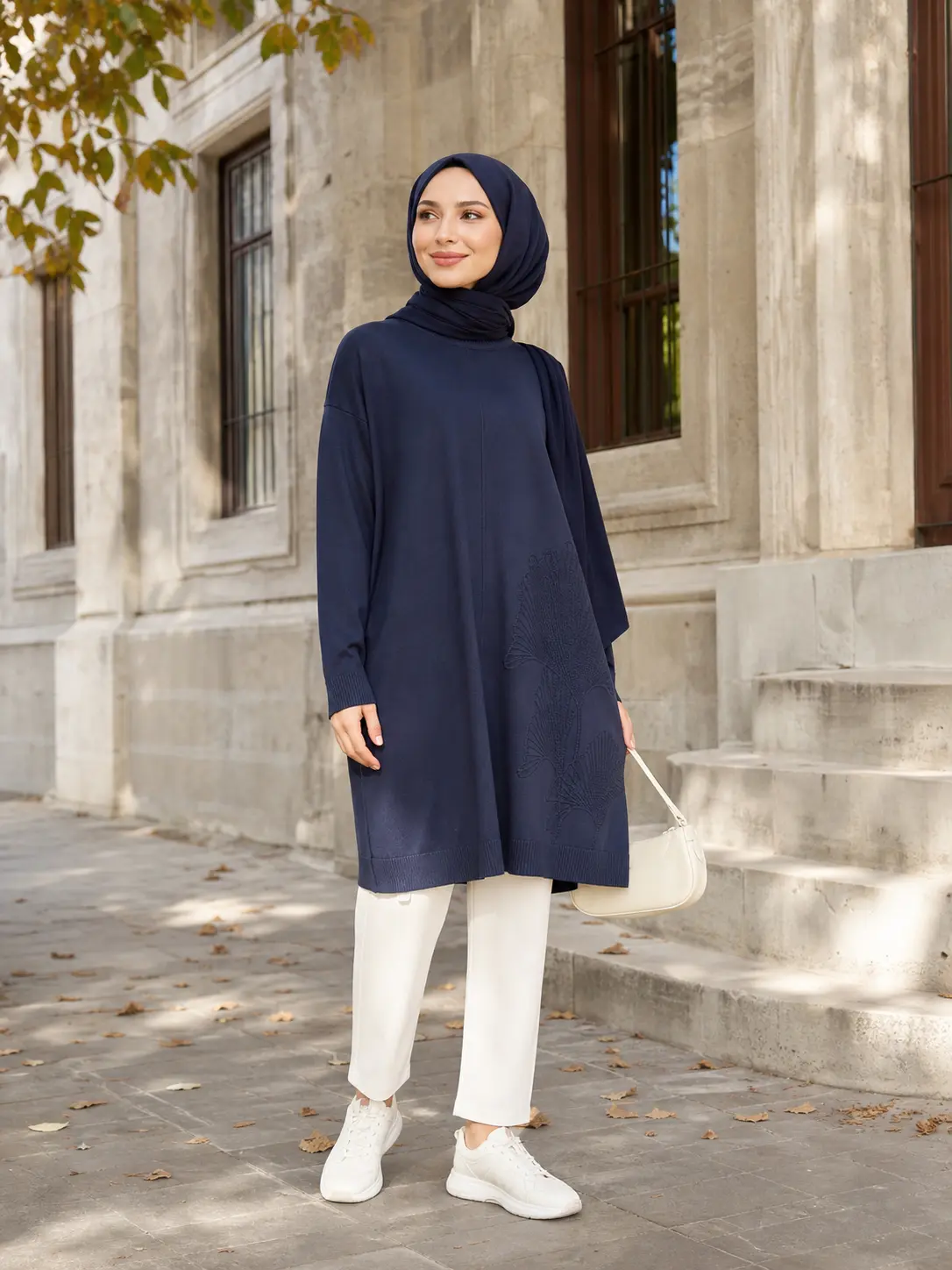 Kado - Kendinden Çiçek Desenli Merzerize Triko Tunik Lacivert/2726073 