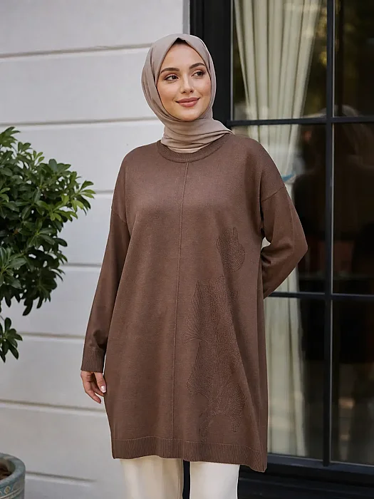 Kendinden Çiçek Desenli Merzerize Triko Tunik Acı Kahve/2726073   