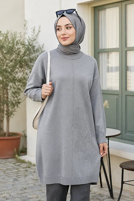 Kendinden Çiçek Desenli Merzerize Triko Tunik Gri/2726073  