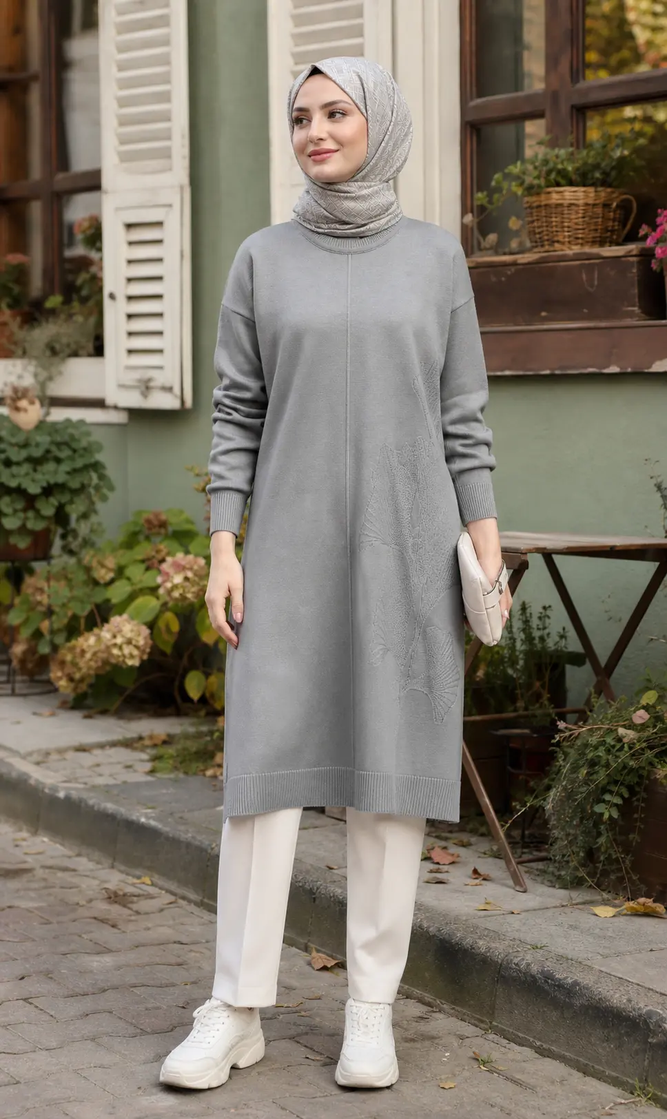 Kado - Kendinden Çiçek Desenli Merzerize Triko Tunik Gri/2726073 
