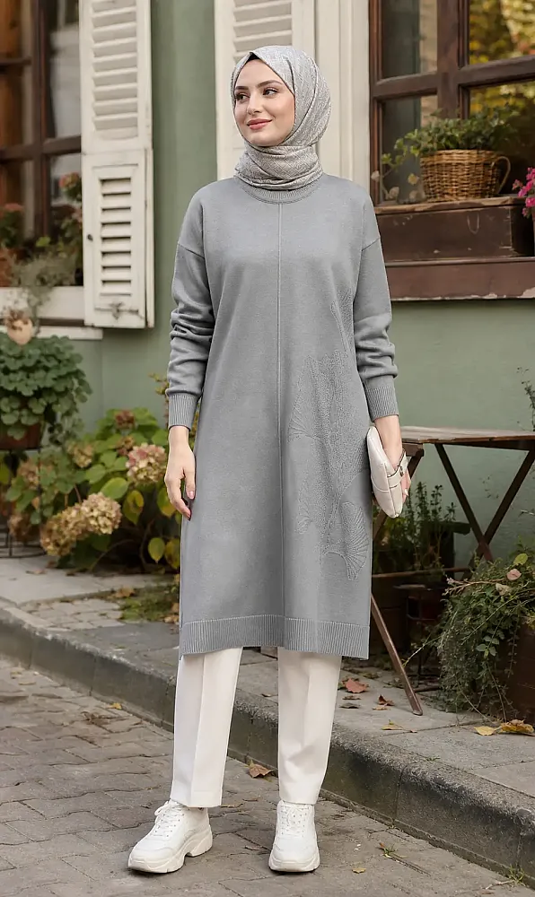 Kendinden Çiçek Desenli Merzerize Triko Tunik Gri/2726073 