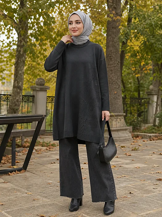 Kado - Kendinden Çiçek Desenli Merzerize Triko Tunik Siyah/2726073 