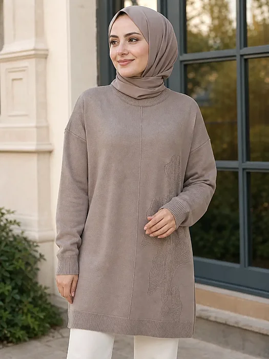 Kendinden Çiçek Desenli Merzerize Triko Tunik Vizon/2726073