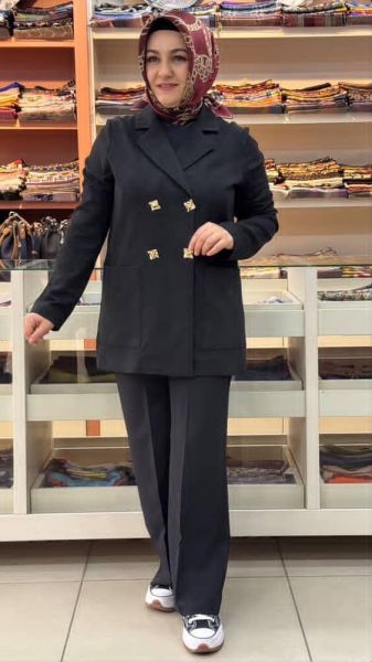 Kendinden Desenli Düğmeli Ceket Siyah/24432