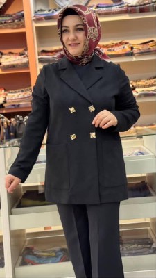 Kendinden Desenli Düğmeli Ceket Siyah/24432 - Thumbnail