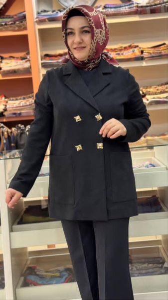 Kendinden Desenli Düğmeli Ceket Siyah/24432