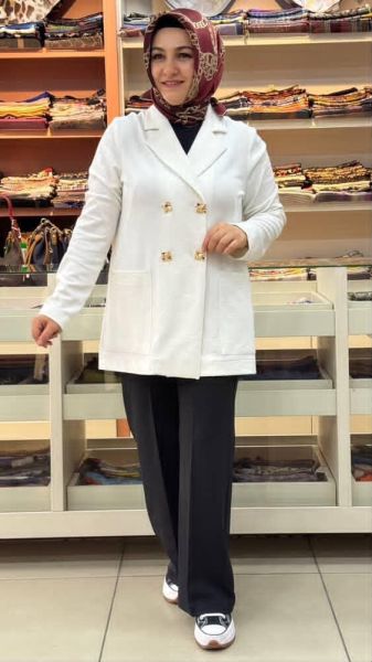 Kendinden Desenli Düğmeli Ceket Ekru/24432