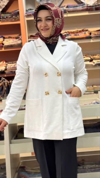Kendinden Desenli Düğmeli Ceket Ekru/24432