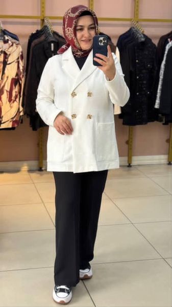 Kendinden Desenli Düğmeli Ceket Ekru/24432