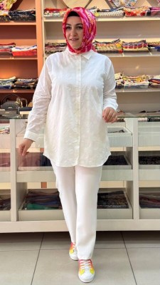 Ekru - Kendinden Desenli Gömlek Tunik Ekru/3056
