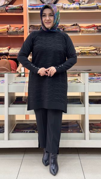 Kendinden Desenli Merserize Triko Tunik Siyah/4846