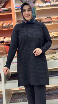 Kendinden Desenli Merserize Triko Tunik Siyah/4846 - Thumbnail