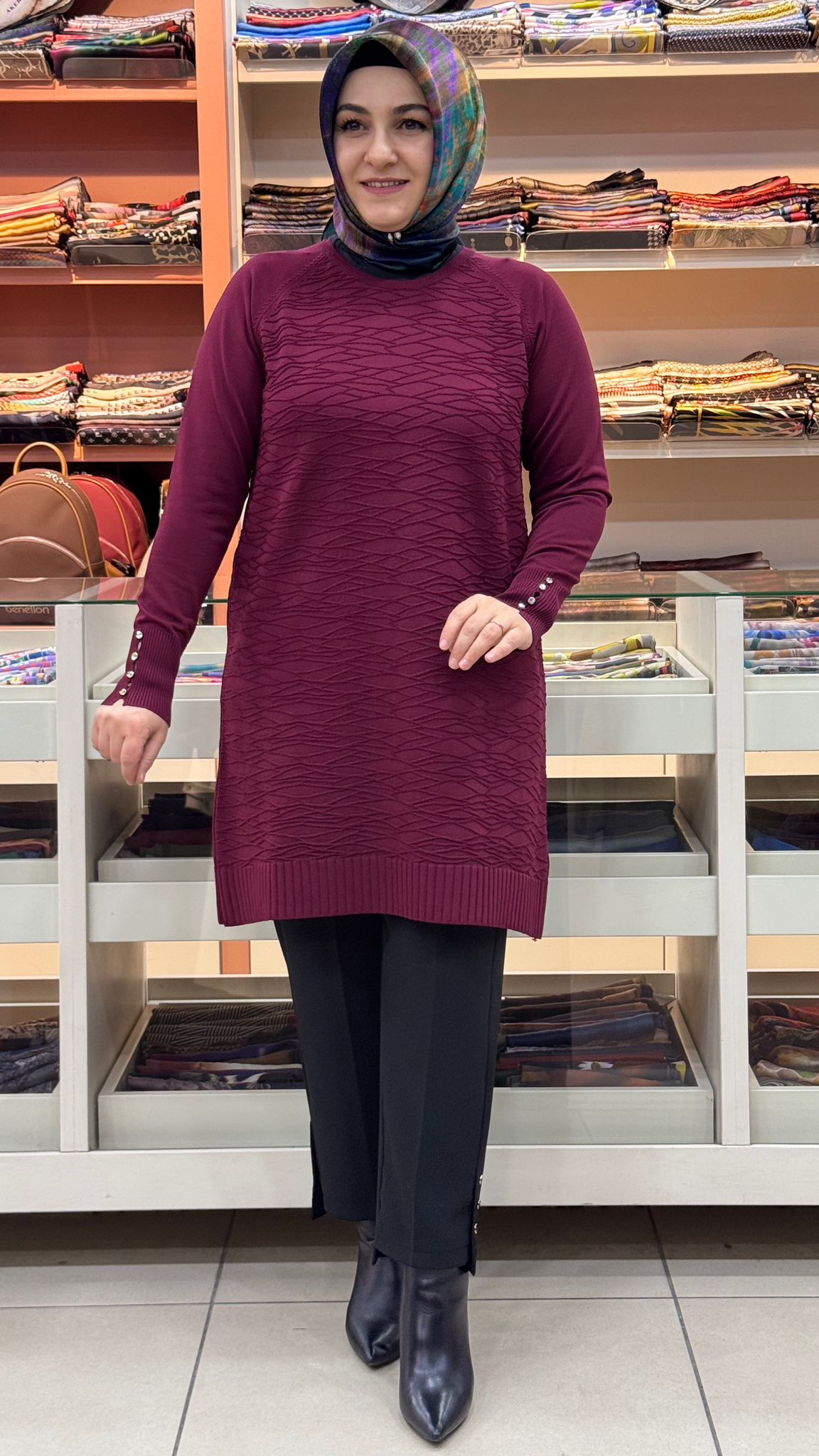 inza moda - Kendinden Desenli Merserize Triko Tunik Bordo/4846